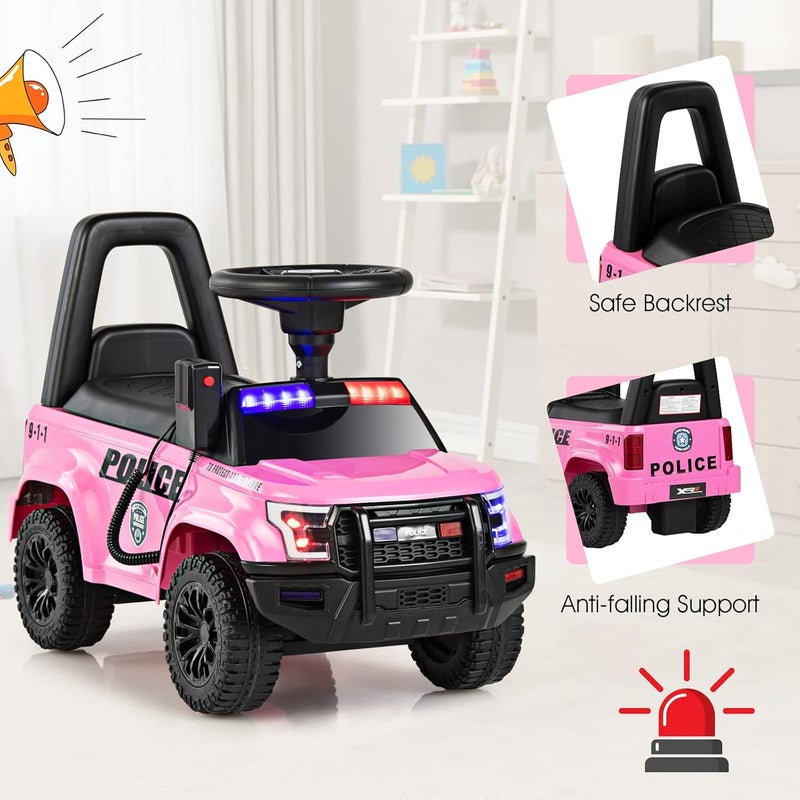 Olakids Ride On Push Police Car, Toddler Foot-to-Floor Sliding Toy with Siren, Steering Wheel, Megaphone, Horn, Headlights, Under Seat Storage, Kids Racer Walking Gift for Boys Girls 1-3 (Pink) - Image 5